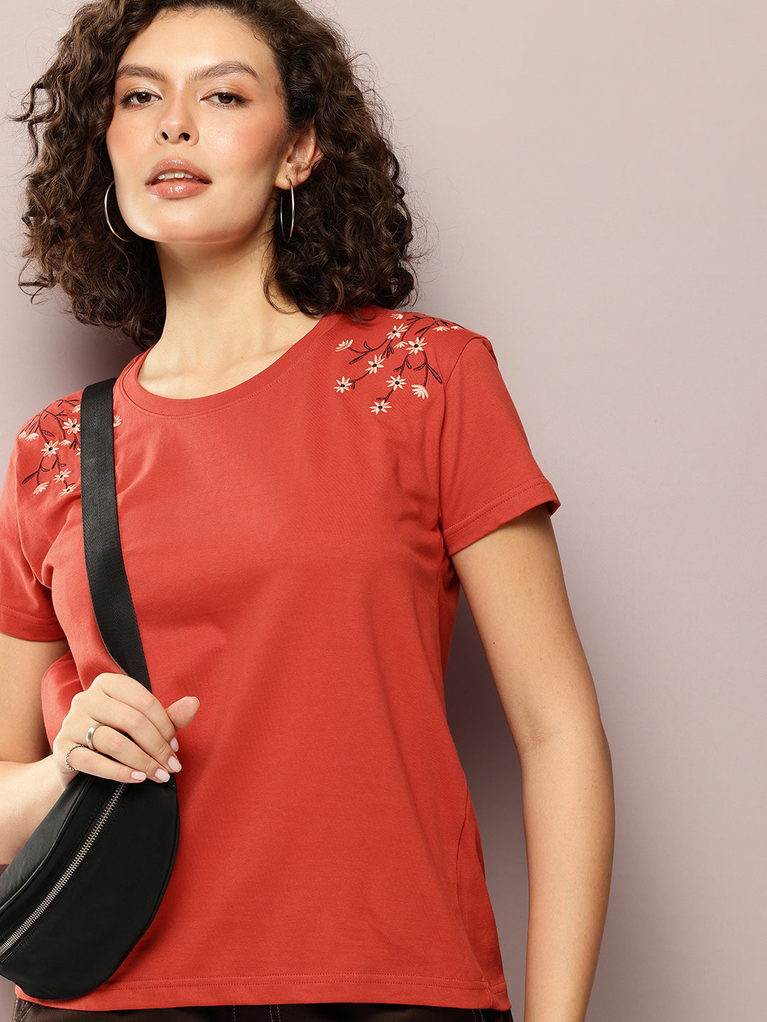 Womens Half Sleeve Round Neck Embroidery Boxy Fit Tshirts