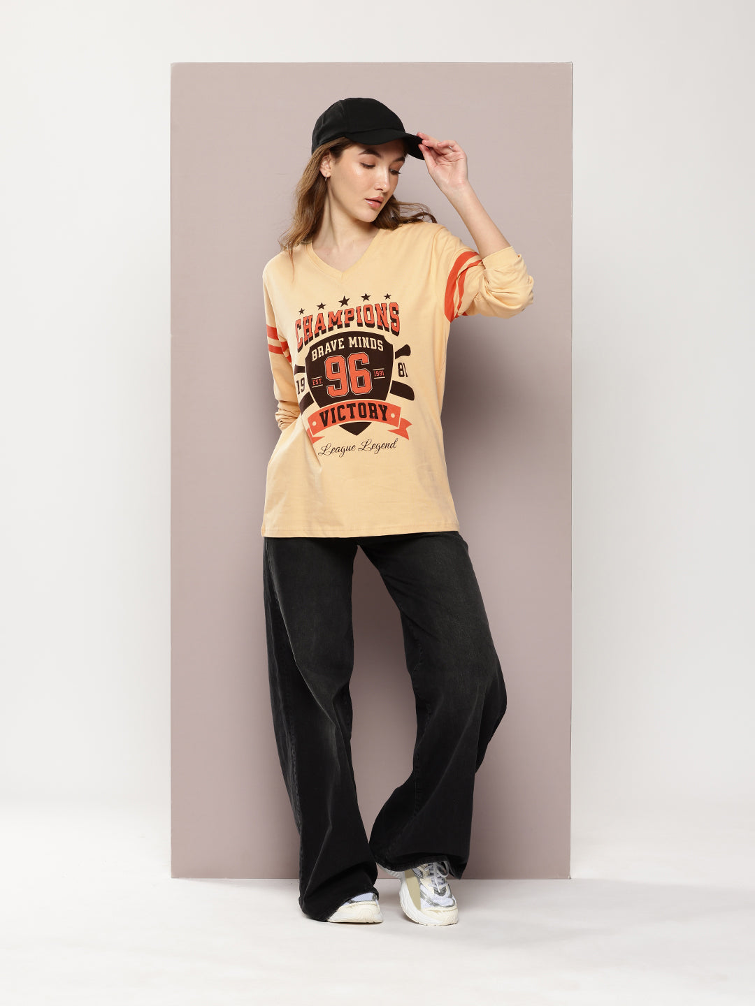 Womens Full Sleeve Round Neck Printed Oversized Fit Tshirts
