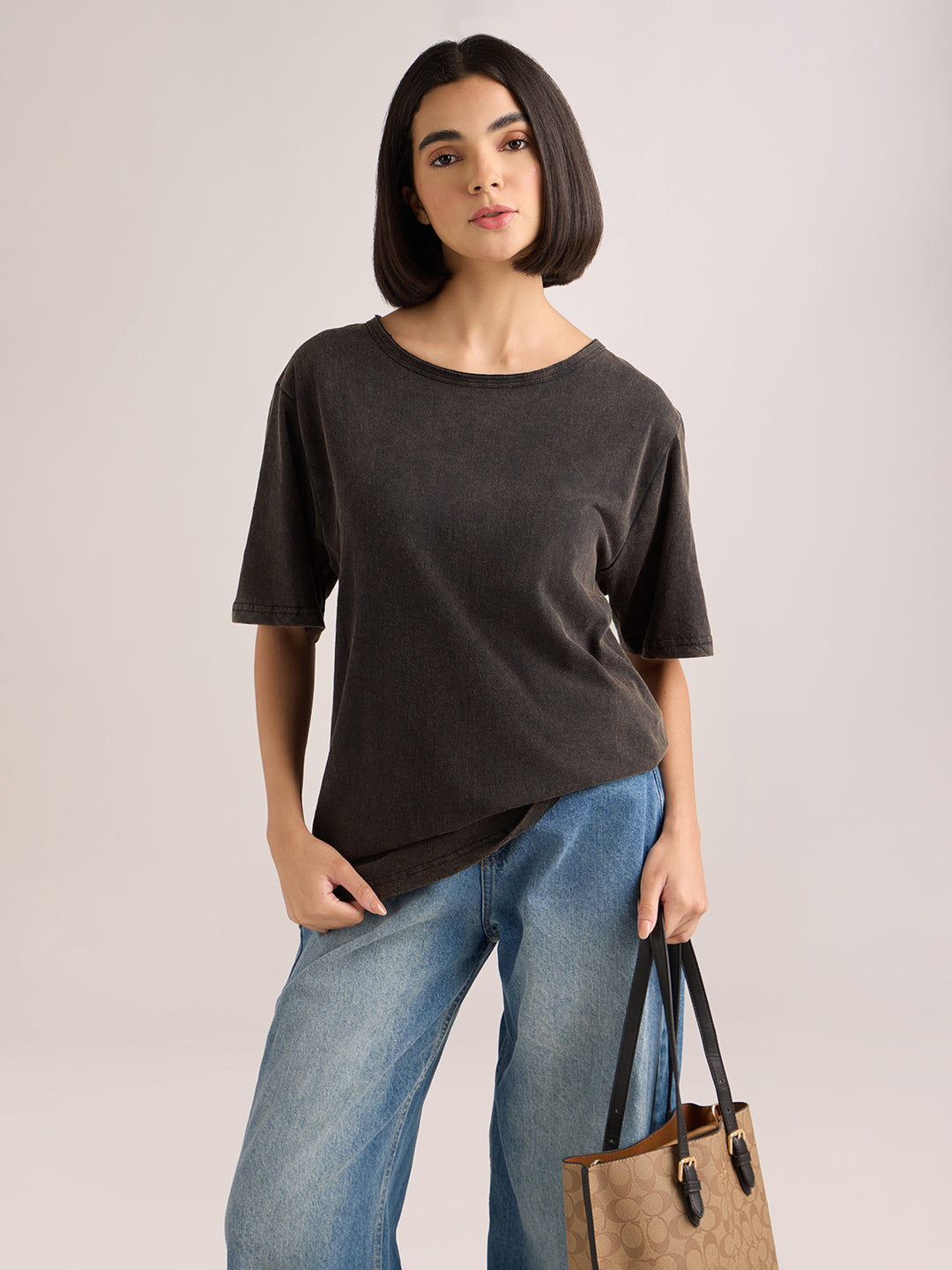 Womens Solid Oversized Slub Jersey Acid Washed  Boat Neck Tshirt