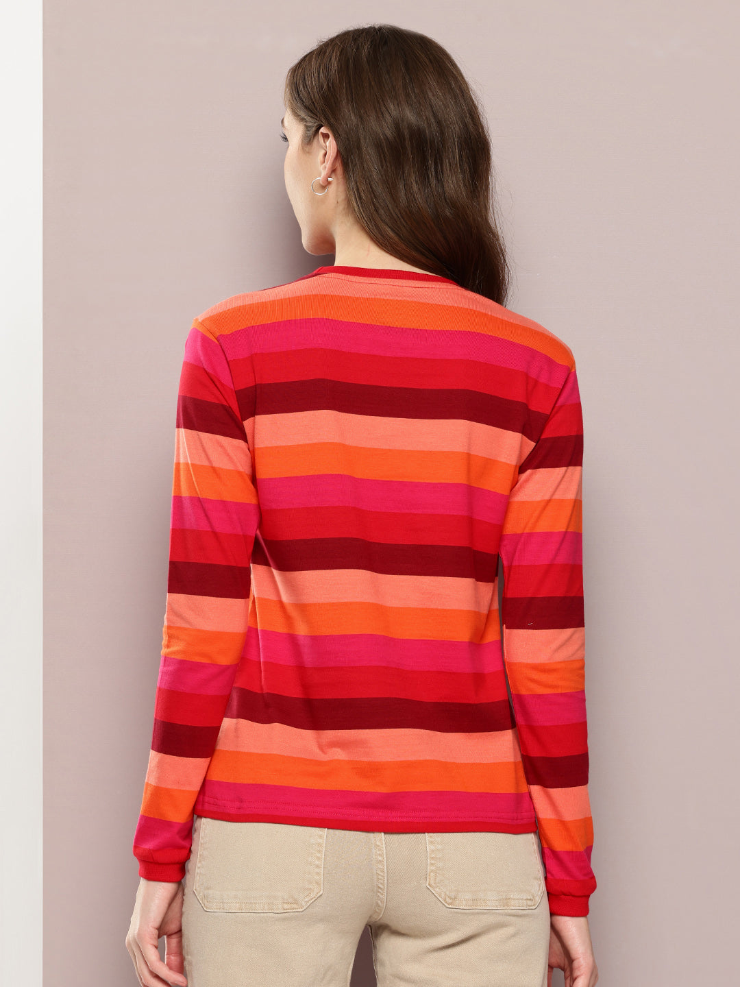 Womens Full Sleeve Round Neck Striped Regular Fit Tshirts