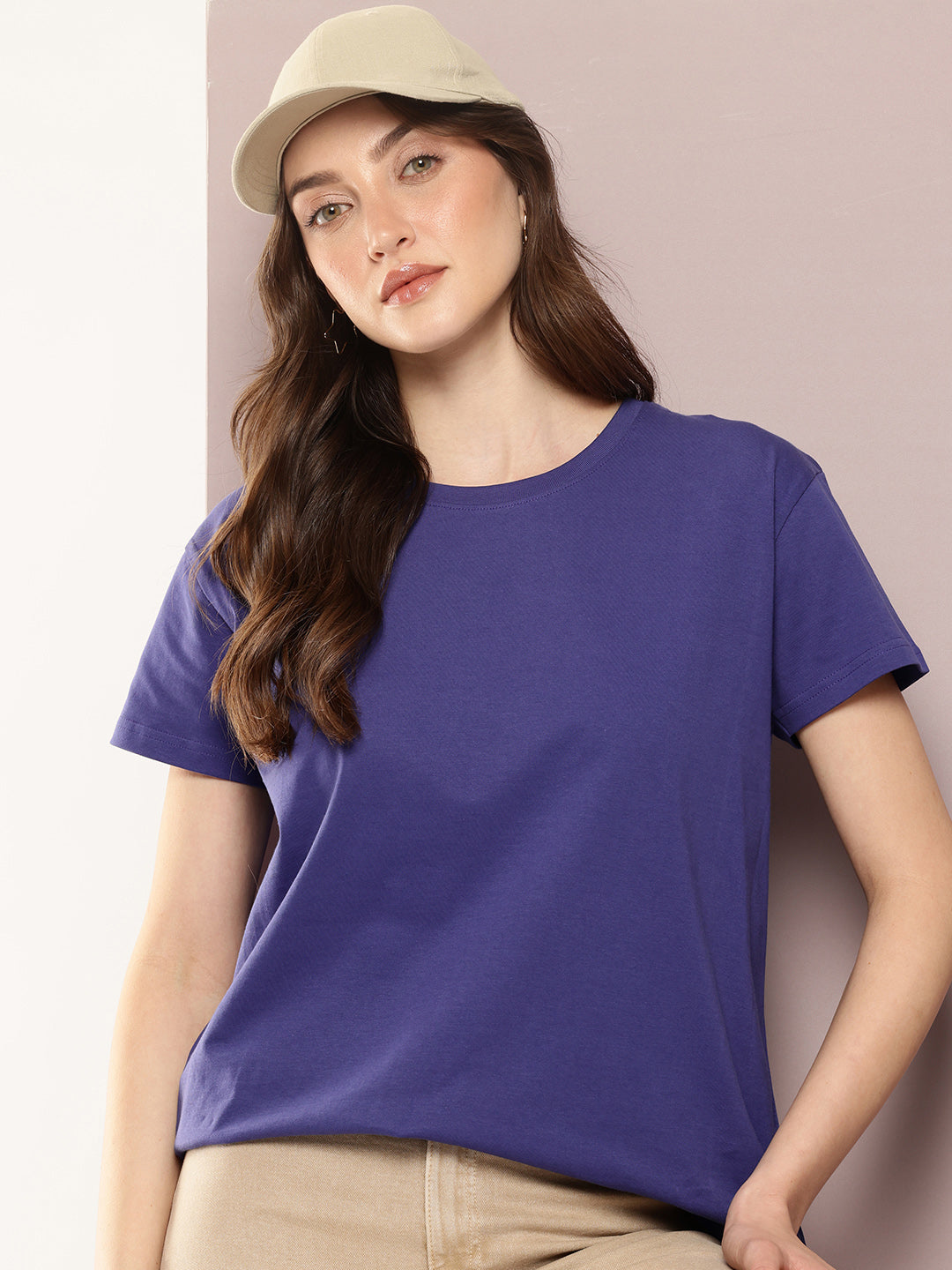 Womens Half Sleeve Round Neck Solid Boxy Fit Tshirts