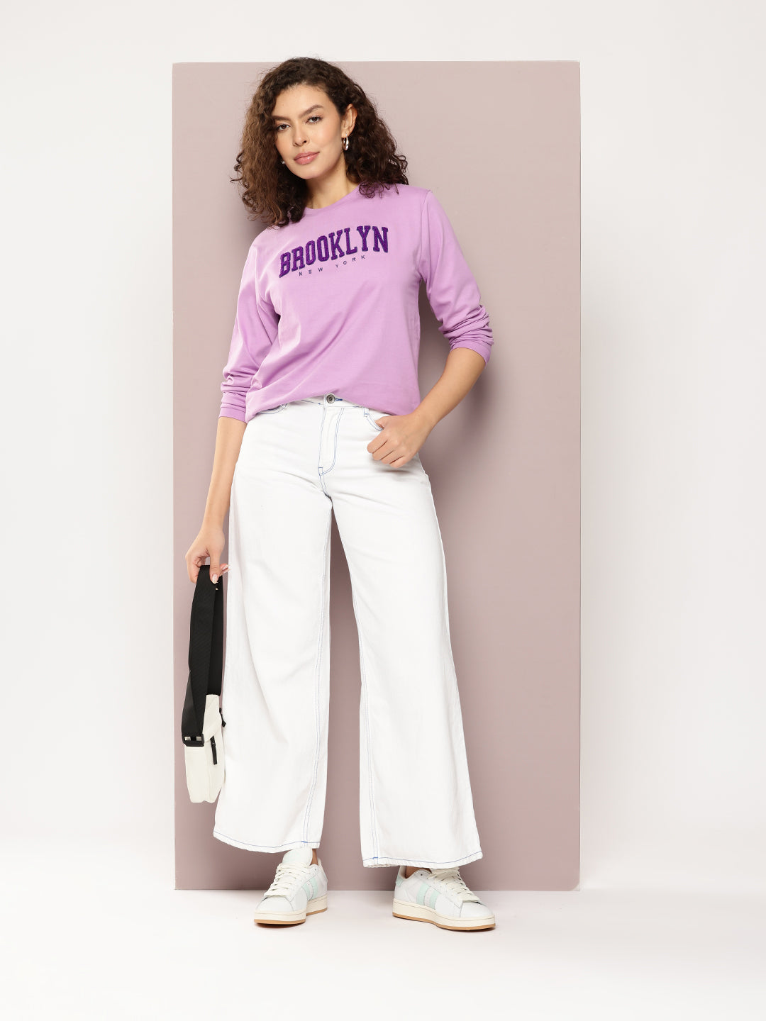 Womens Full Sleeve Round Neck Embroidered Oversized Fit Tshirts