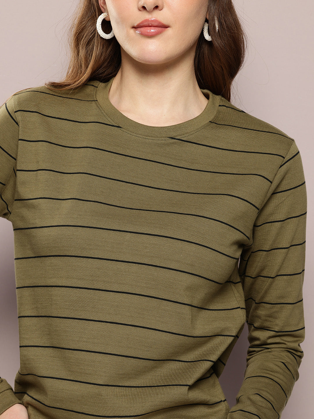 Womens Full Sleeve Round Neck Striped Regular Fit Tshirts