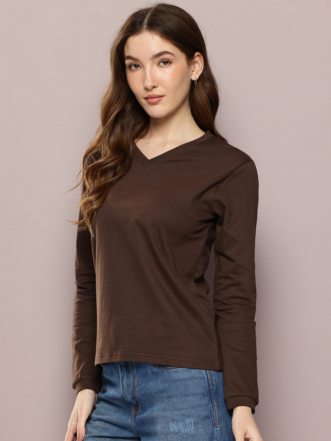 Womens Full Sleeve V-Neck Solid Regular Fit Tshirts