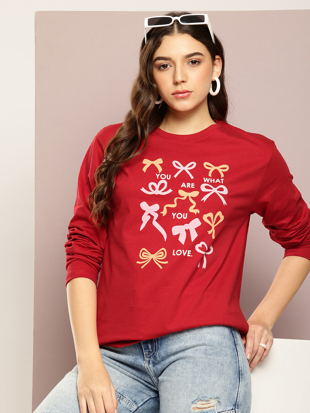 Womens Full Sleeve Round Neck Printed Oversized Fit Tshirts