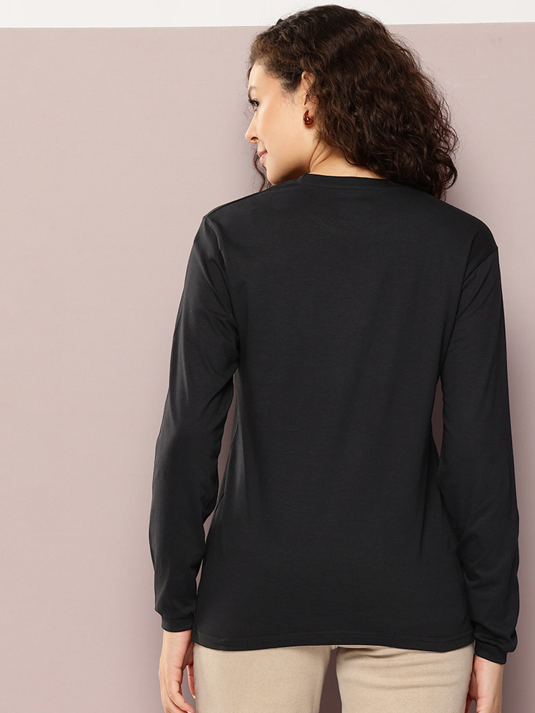 Womens Full Sleeve Round Neck Embroidered Oversized Fit Tshirts