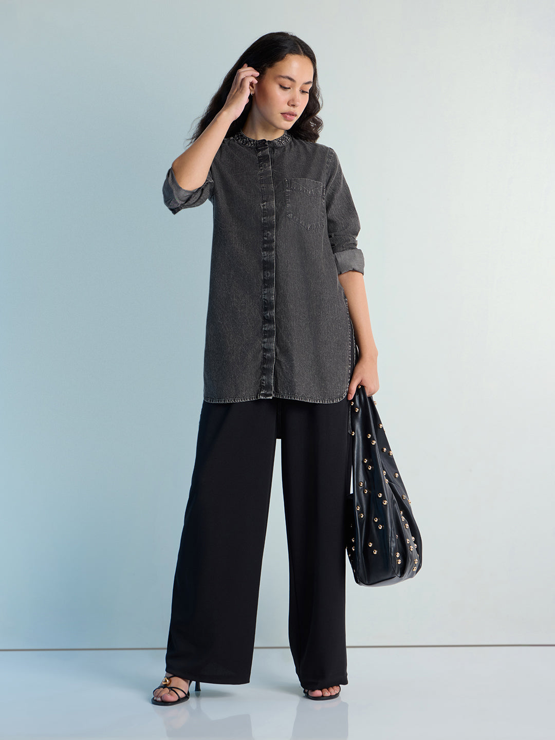 Womens Solid Oxy Bleached Boxy Regular Mandarin Collar Neck Denim Shirt