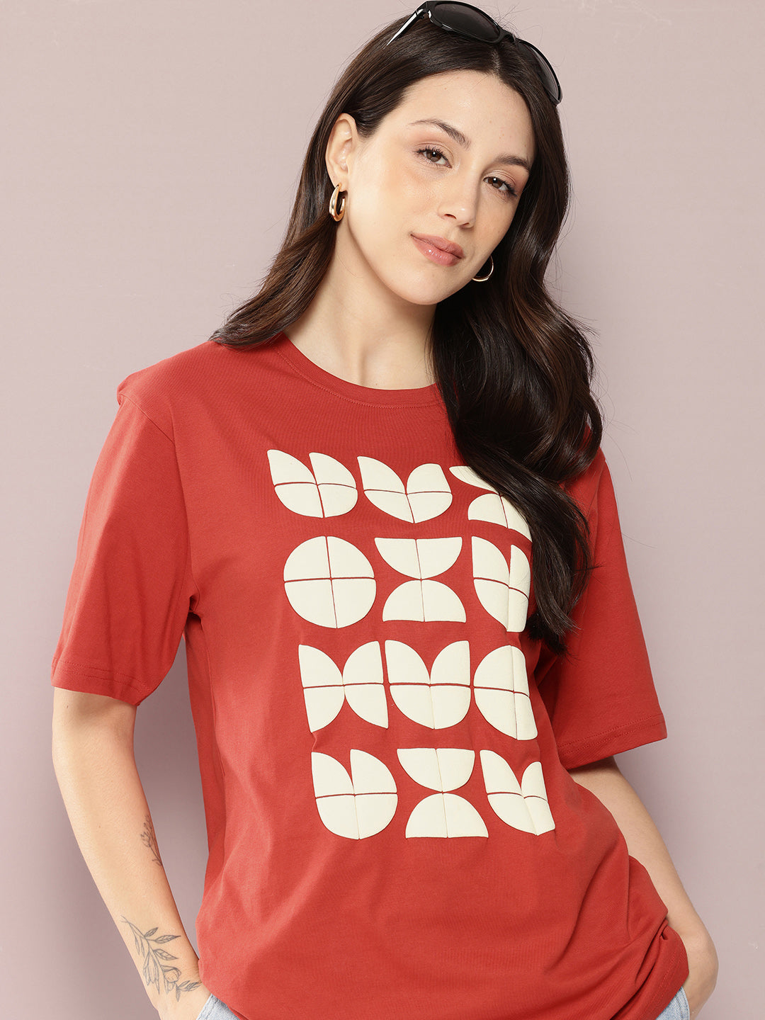 Womens Half Sleeve Round Neck Puff Print Oversized Fit Tshirts