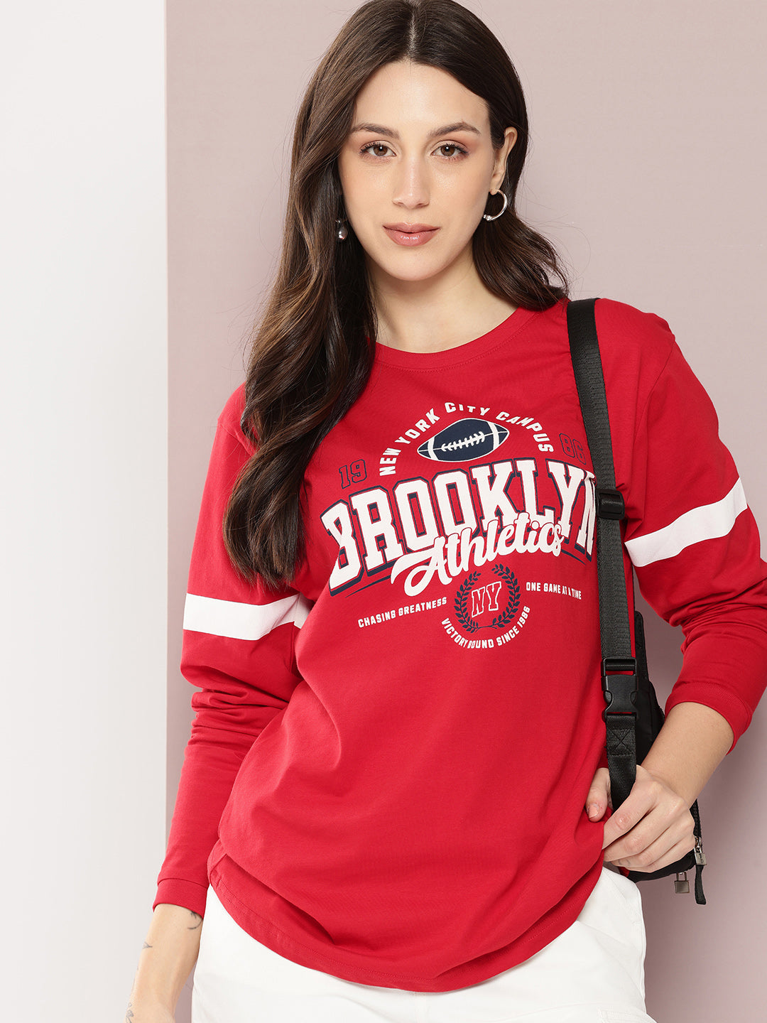 Womens Full Sleeve Round Neck Printed Oversized Fit Tshirts