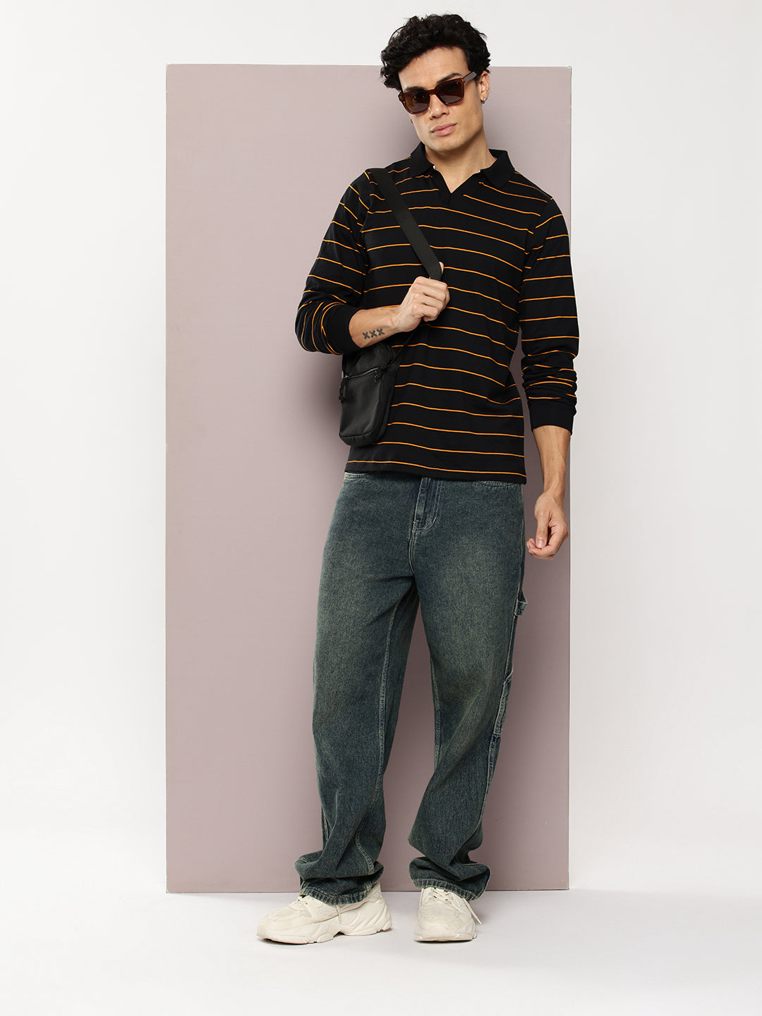 Mens Full Sleeve Polo Neck Striped Regular Fit Tshirts