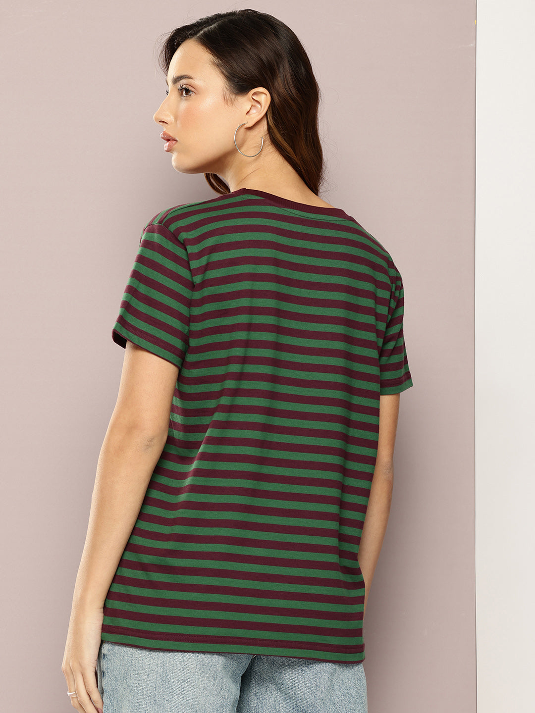 Womens Half Sleeve Round Neck All-Over Striped Boxy Fit Tshirts