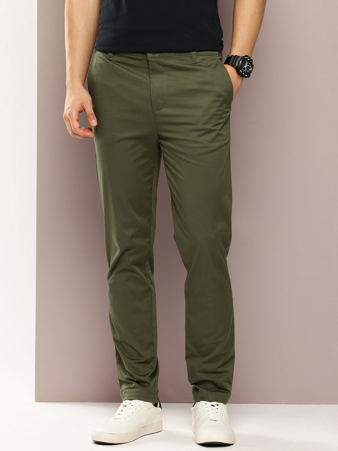 Men Slim Fit Solid Chinos Casual Trousers