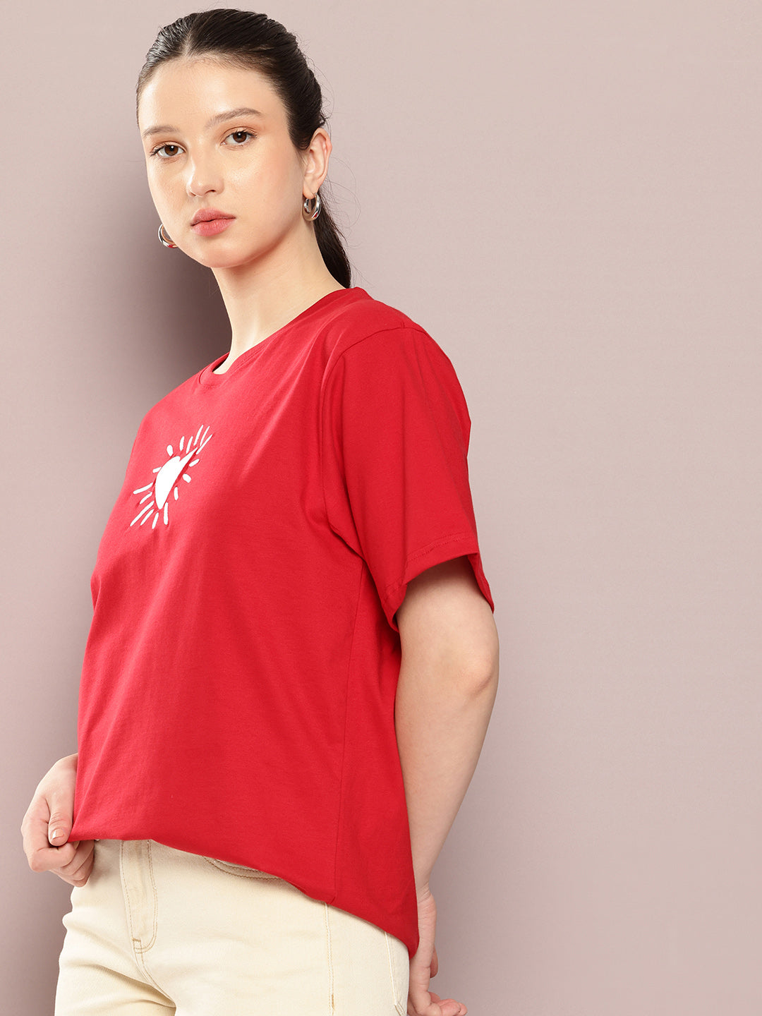 Womens Half Sleeve Round Neck Embroidery Oversized Fit Tshirts