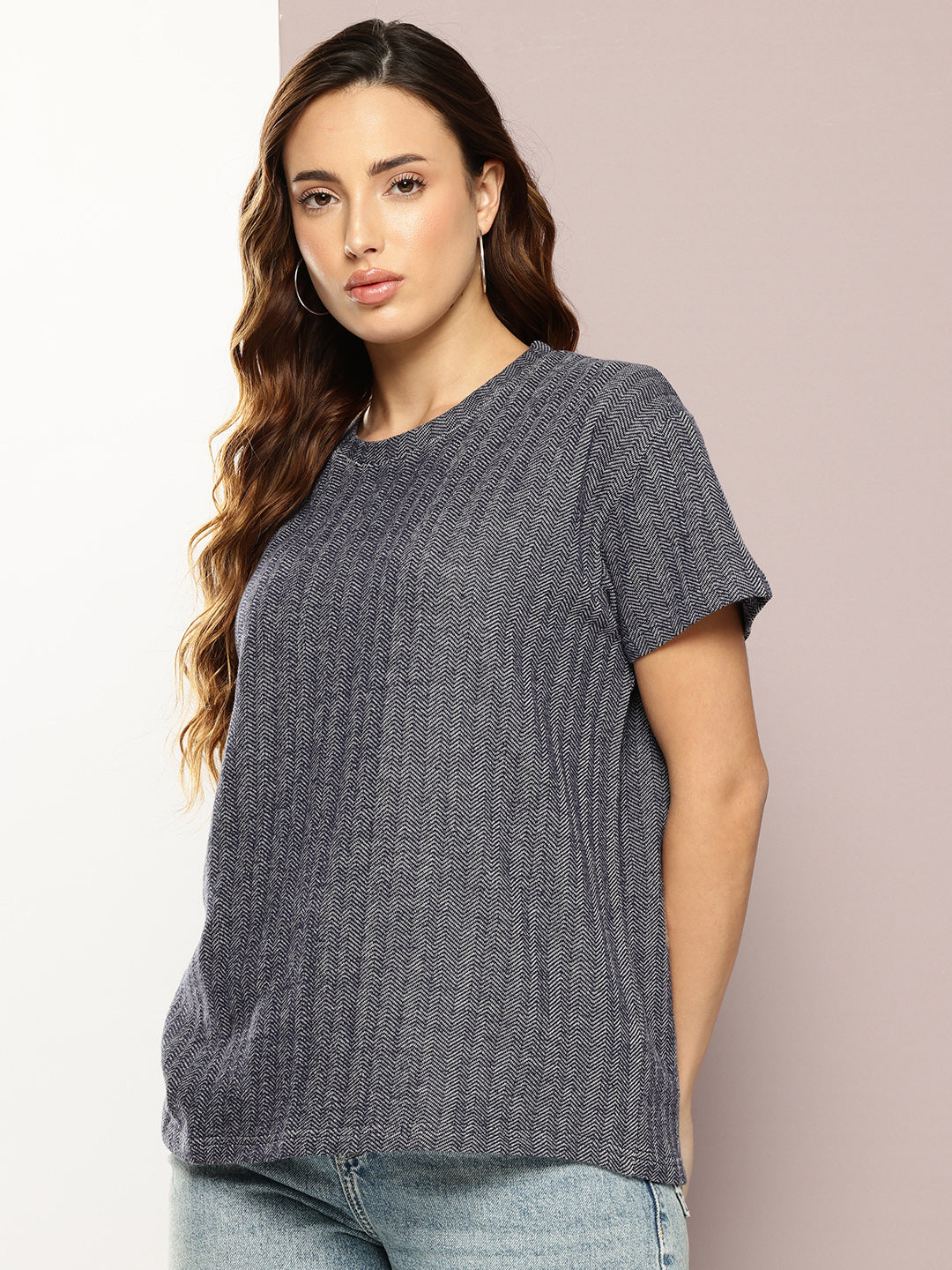 Womens Half Sleeve Round Neck All-Over Striped Boxy Fit Tshirts