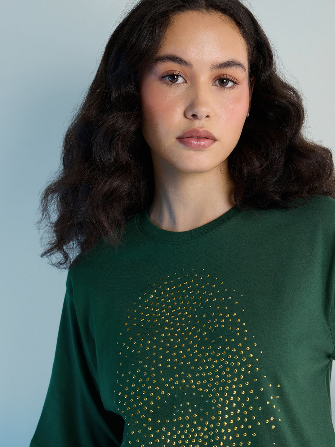 Womens Stud Detailed Oversized Round Neck Tshirt 