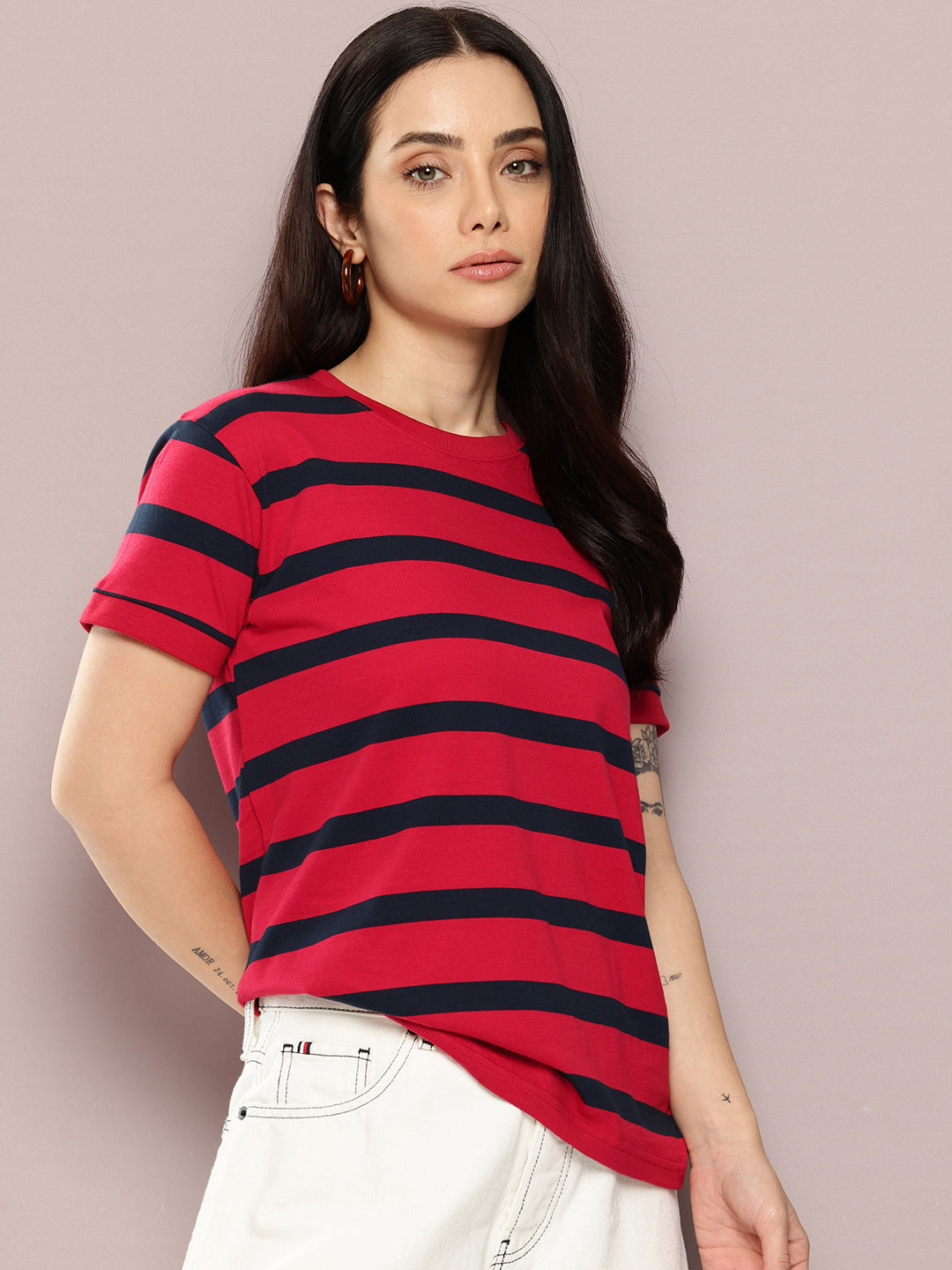 Womens Half Sleeve Round Neck All-Over Striped Regular Fit Tshirts