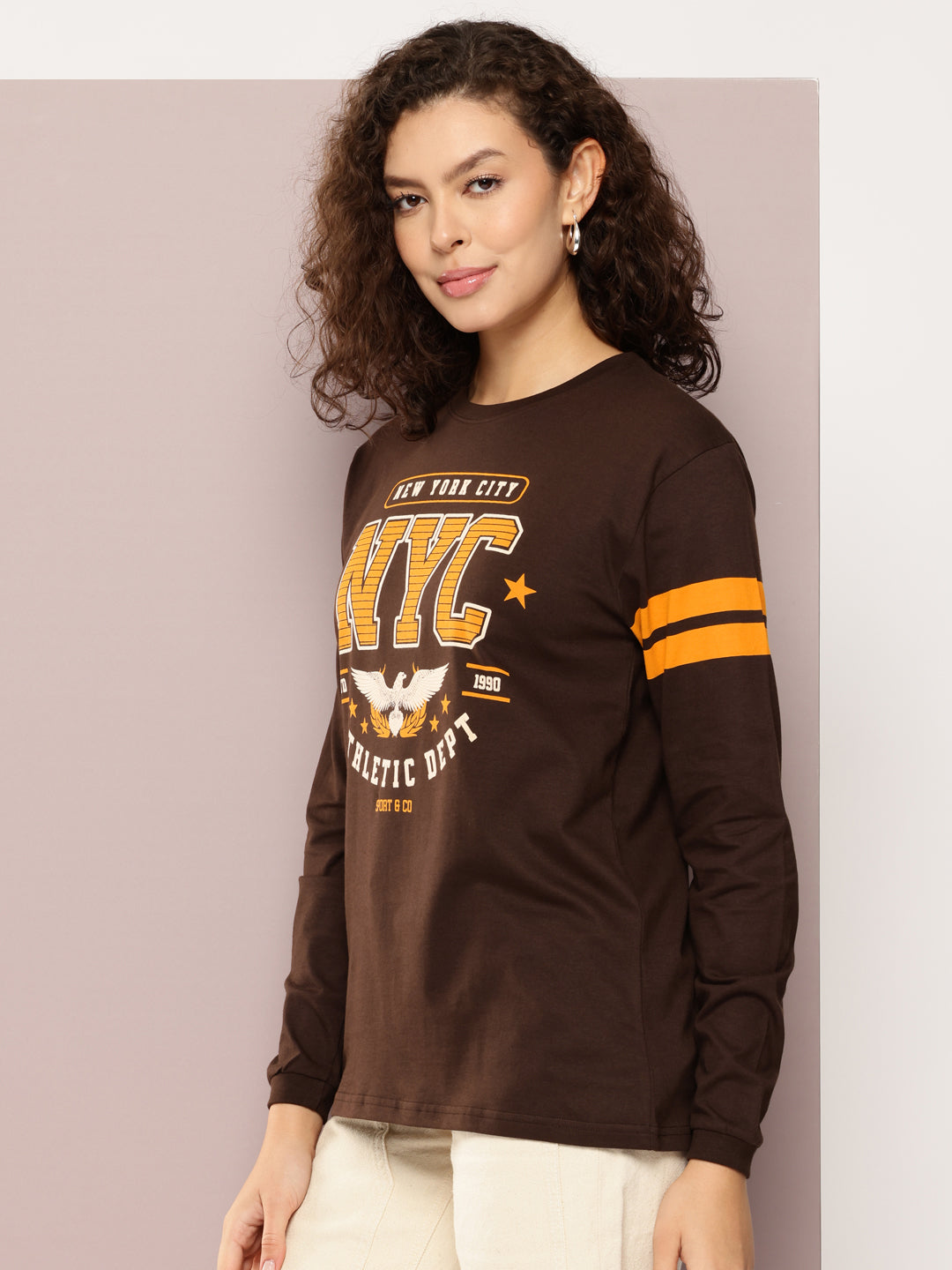 Womens Full Sleeve Round Neck Printed Oversized Fit Tshirts