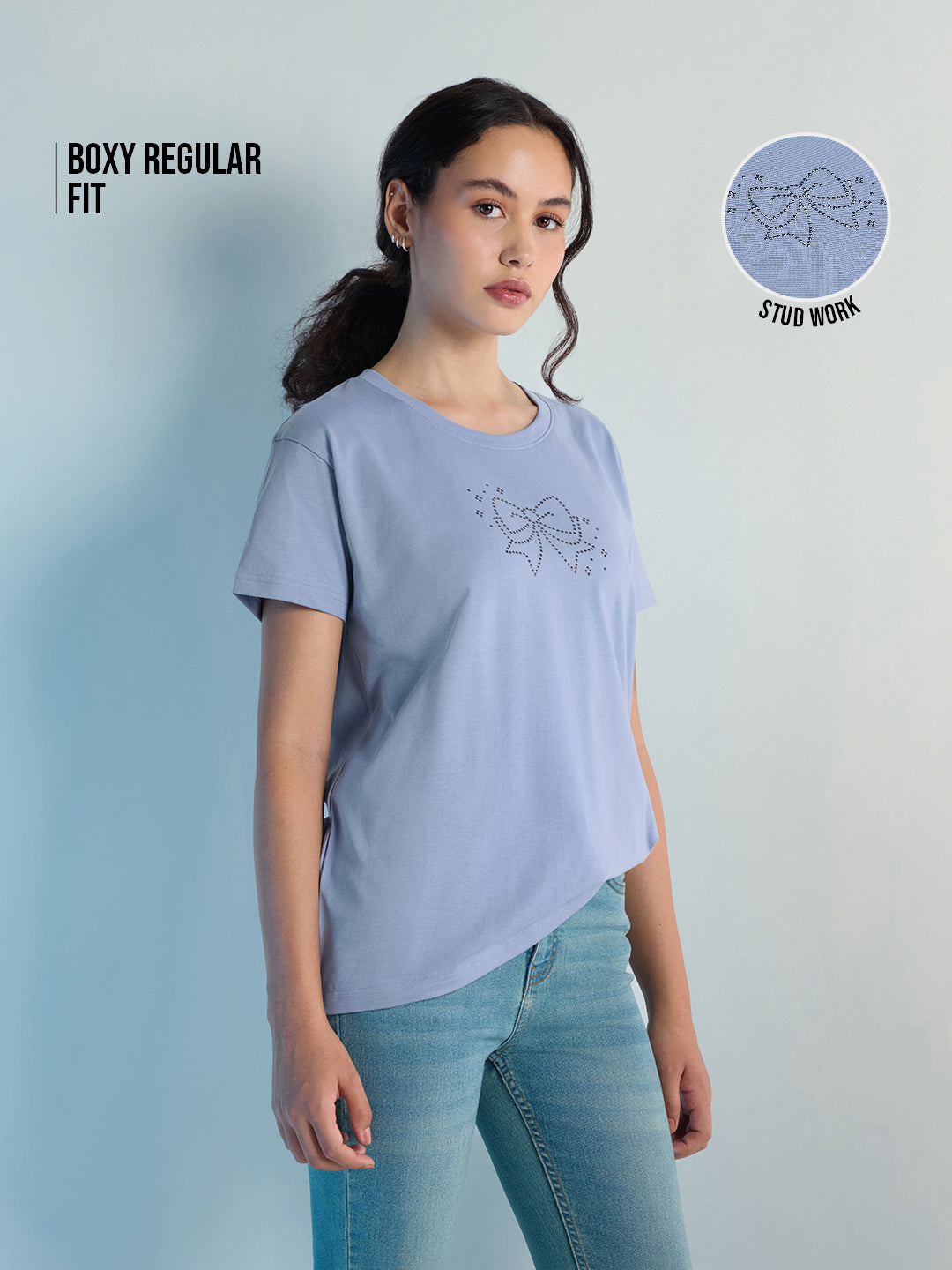 Womens Stud Detailed Boxy Regular Round Neck Tshirt 