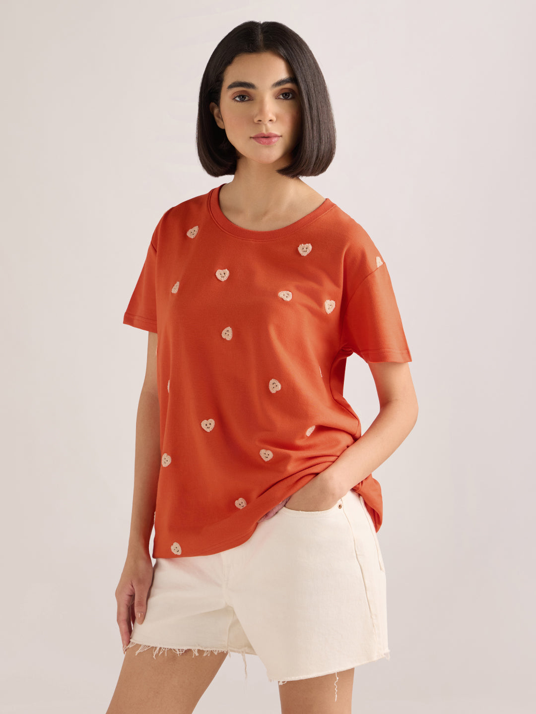 Womens Embroidery Boxy Regular Fit French Terry Cotton Tshirt