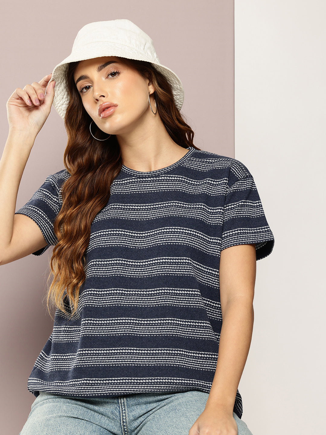 Womens Half Sleeve Round Neck All-Over Striped Boxy Fit Tshirts