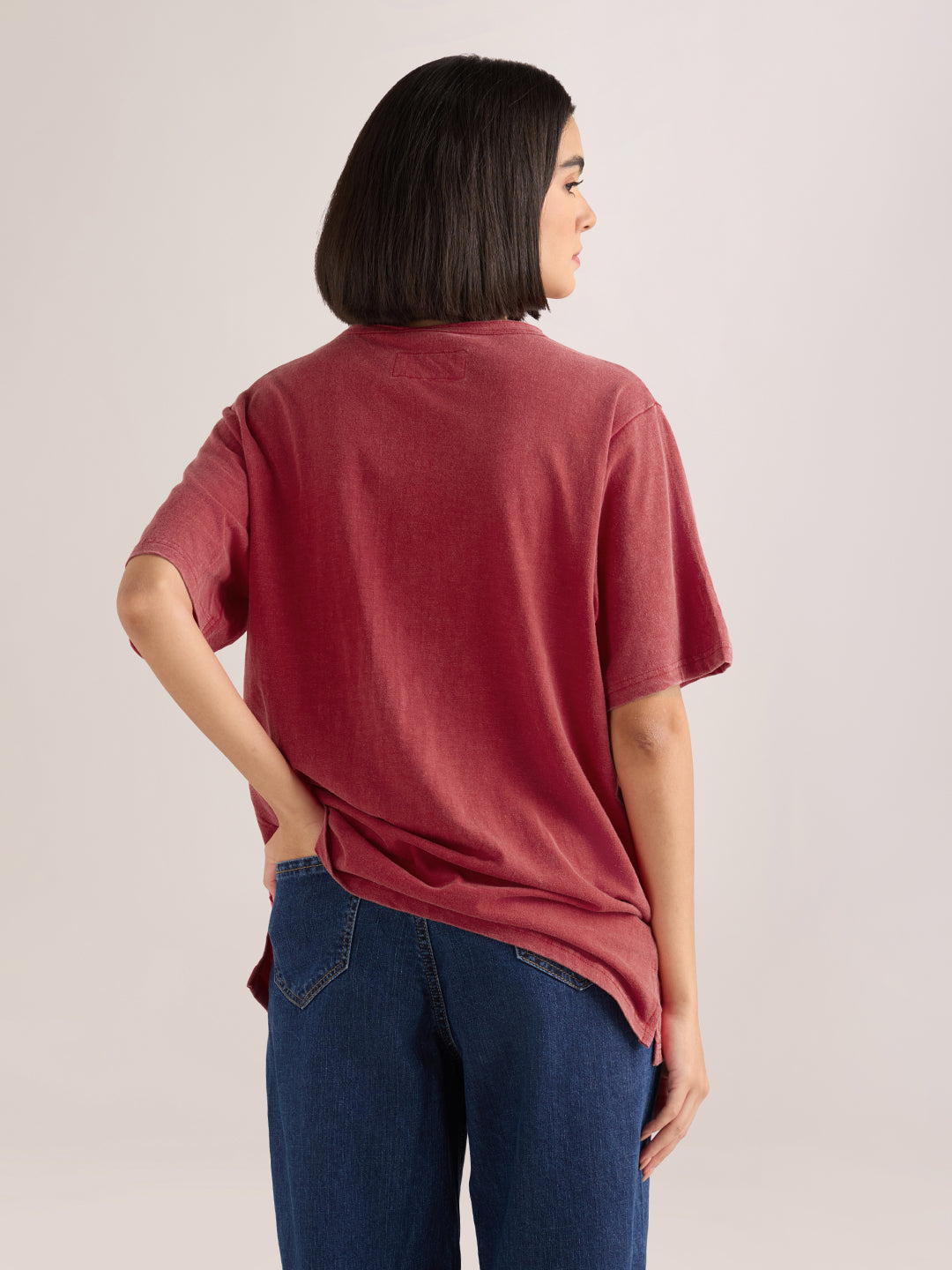 Womens Solid Oversized Slub Jersey Acid Washed  Boat Neck Tshirt