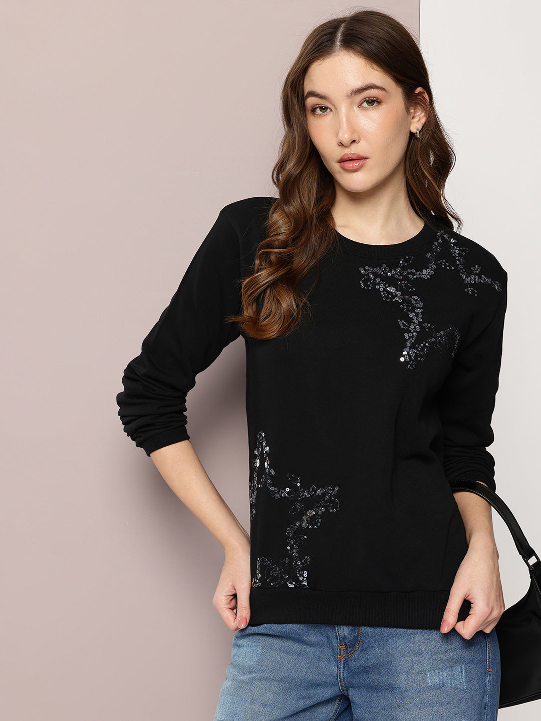 Womens Full Sleeve Round Neck Embroidered Relaxed Fit Tshirts