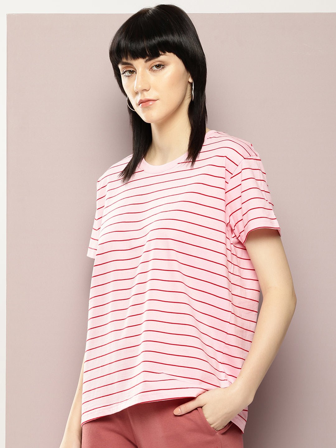Womens Half Sleeve Round Neck Striped Boxy Fit Tshirts