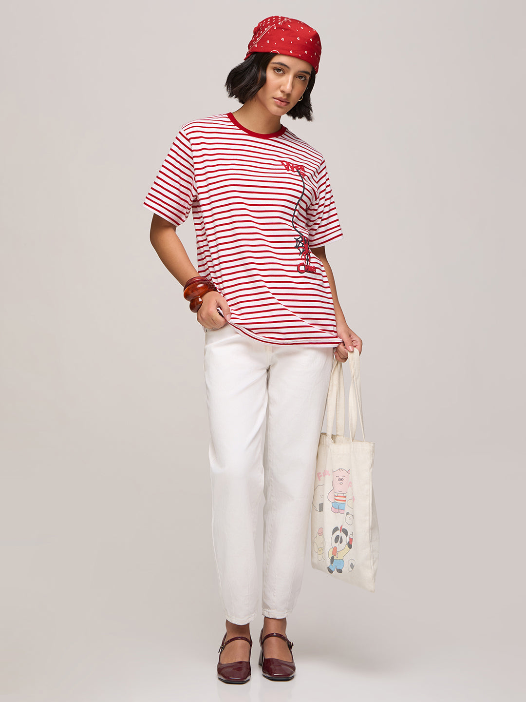 Womens Striped Oversized Fit Cotton T-Shirt