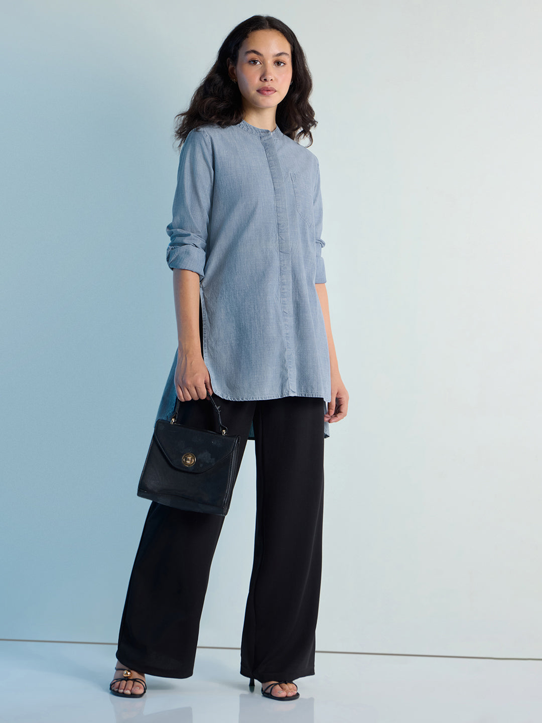 Womens Solid Oxy Bleached Boxy Regular Mandarin Collar Neck Denim Shirt