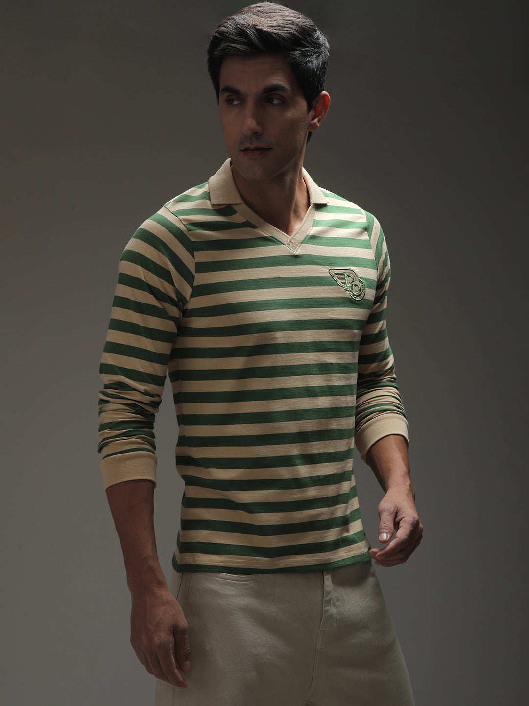 Mens Full Sleeve Polo Neck Striped Regular Fit Tshirts