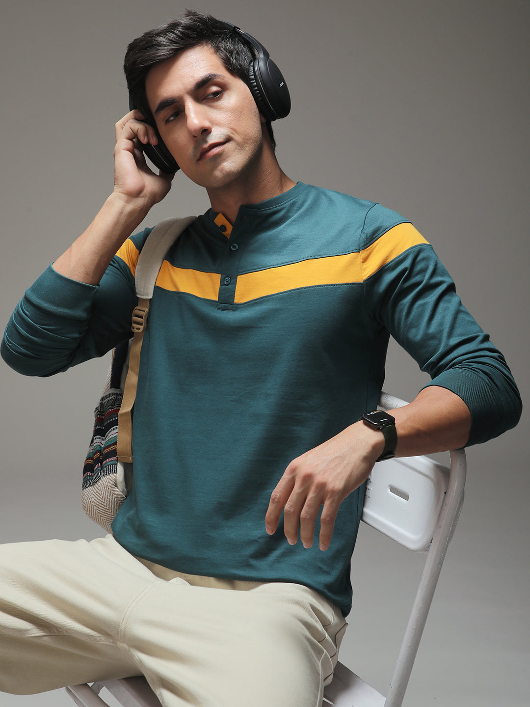 Mens Full Sleeve Henley Neck Solid Regular Fit Tshirts