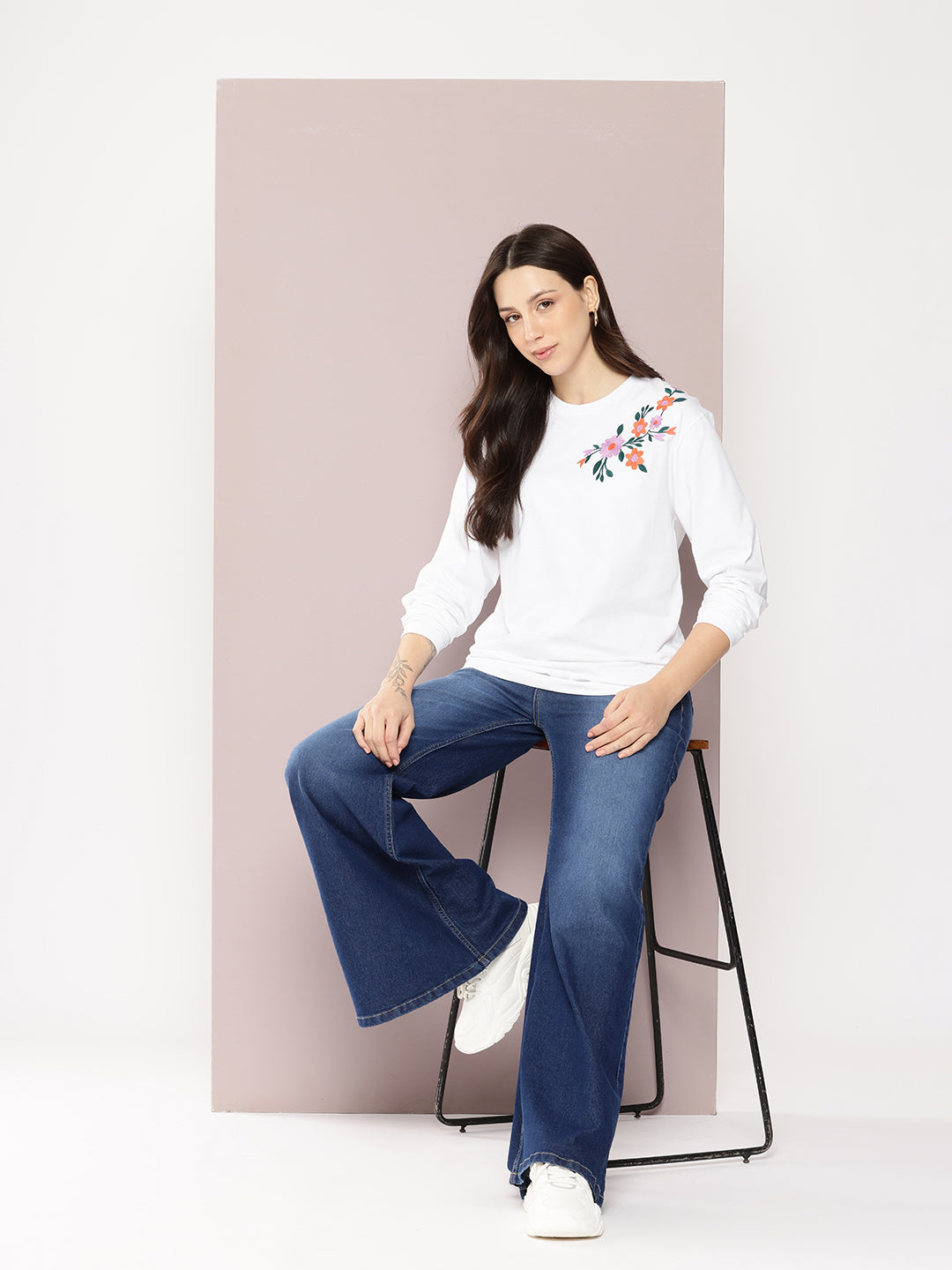 Womens Full Sleeve Round Neck Embroidered Oversized Fit Tshirts