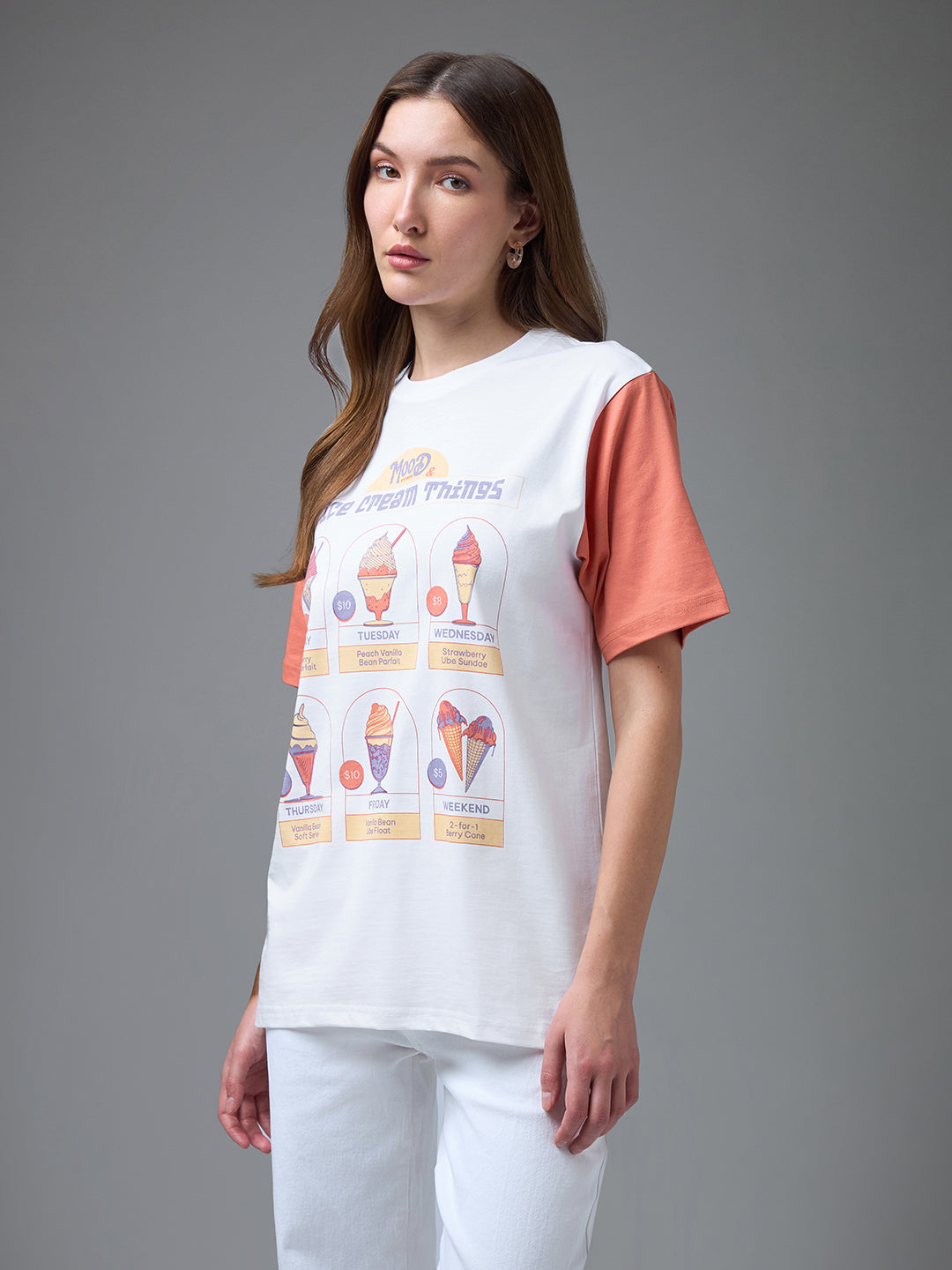 Womens Printed Round Neck Oversized Fit Tshirt