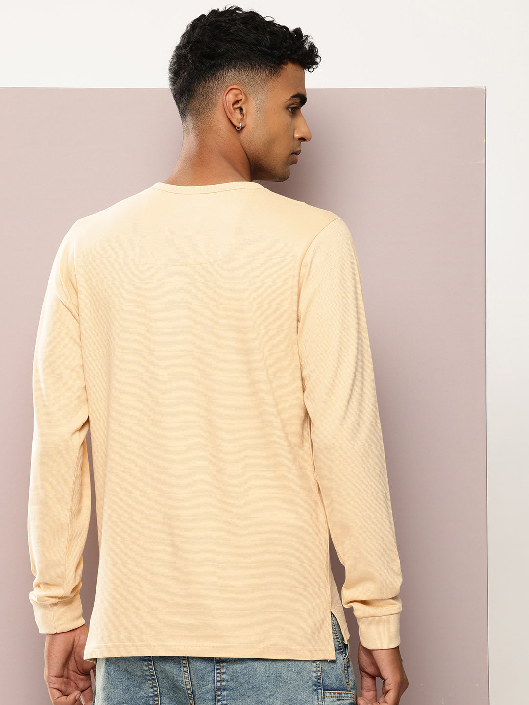 Mens Full Sleeve Henley Neck Solid Regular Fit Tshirts