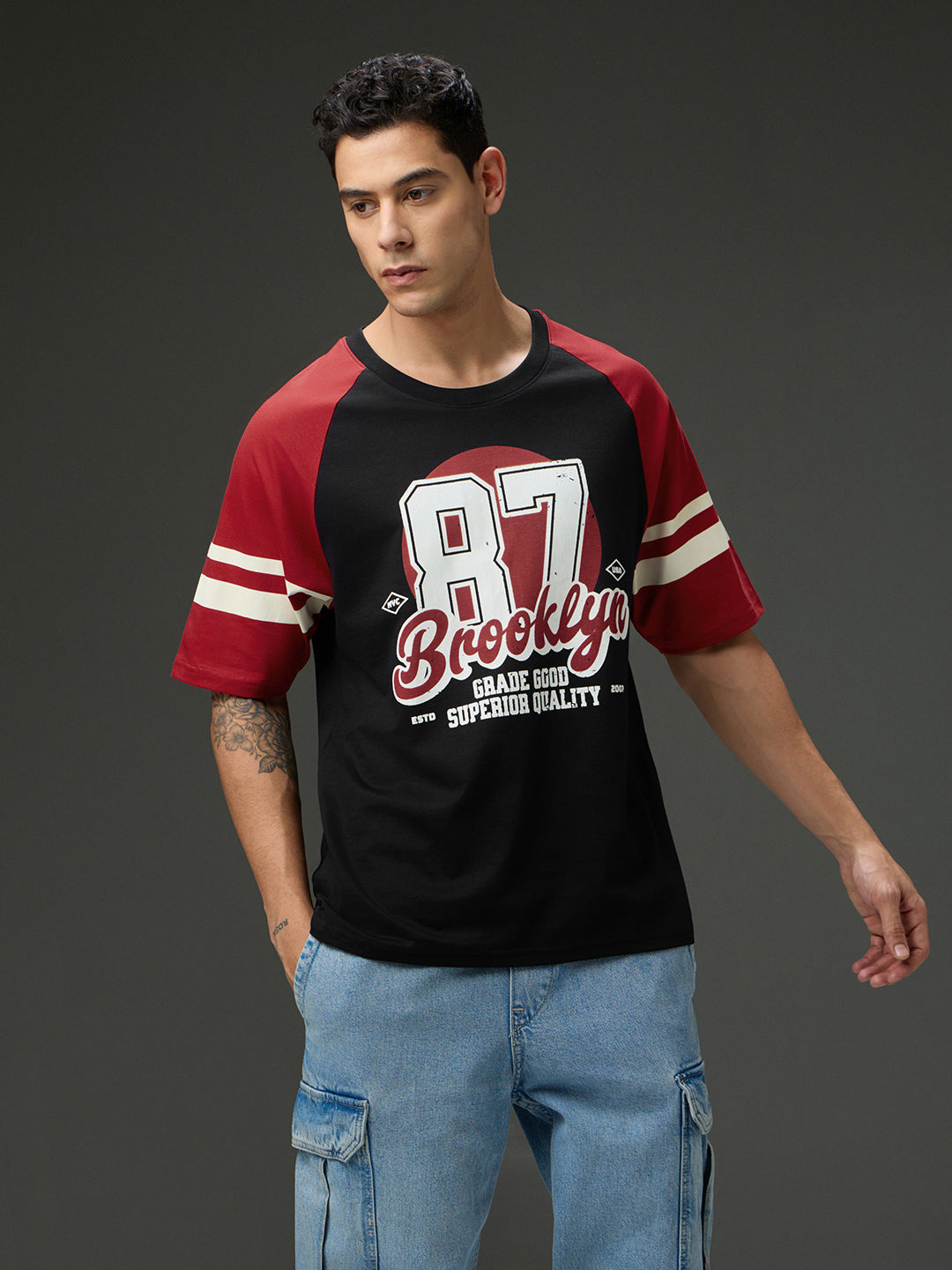 Mens Round Neck Raglan Sleeve Printed Oversized Fit Tshirt