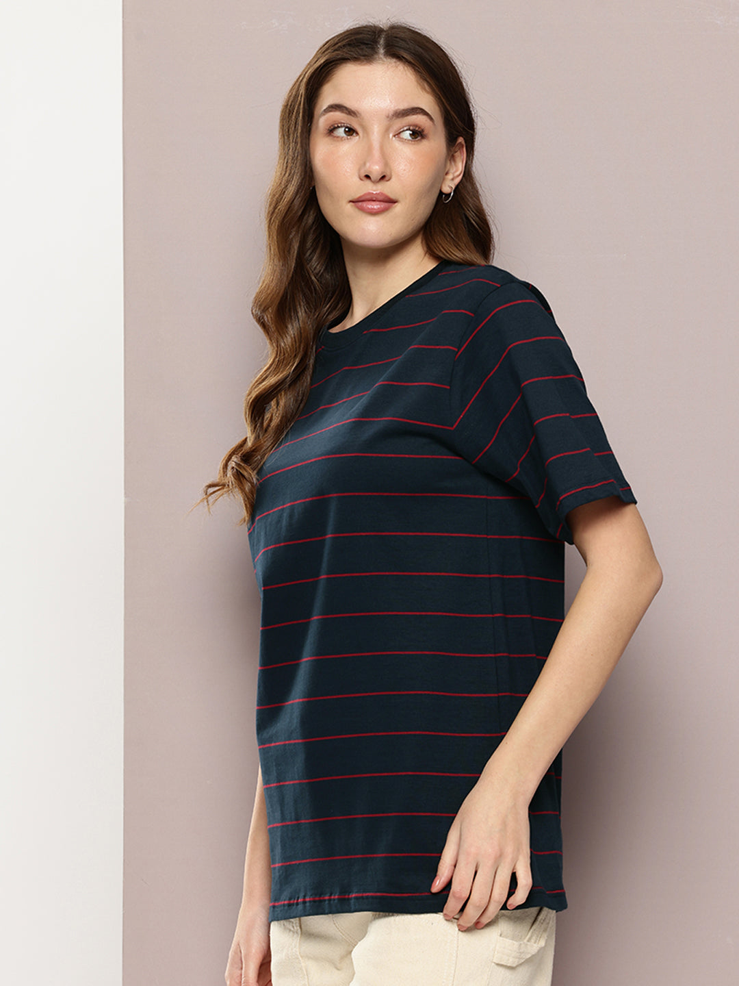 Womens Half Sleeve Round Neck Striped Oversized Fit Tshirts