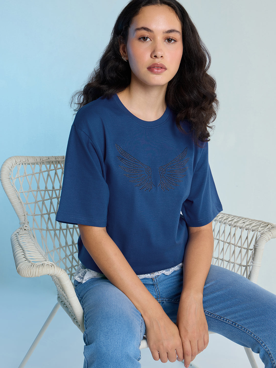 Womens Stud Detailed Oversized Round Neck Tshirt 