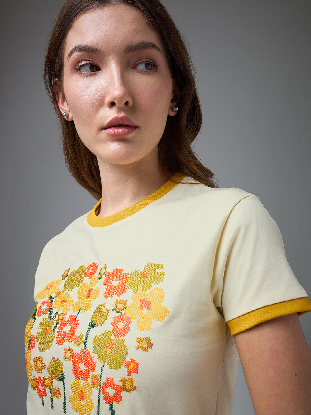 Womens Embroidery Round Neck Regular Fit Tshirt