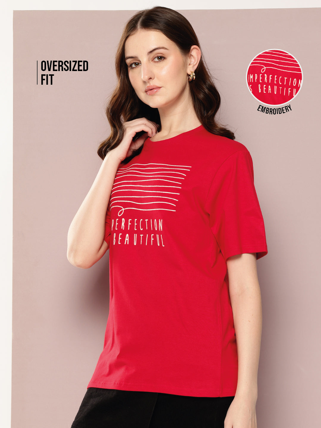 Womens Short Sleeve Embroidery Oversized Fit Tshirt