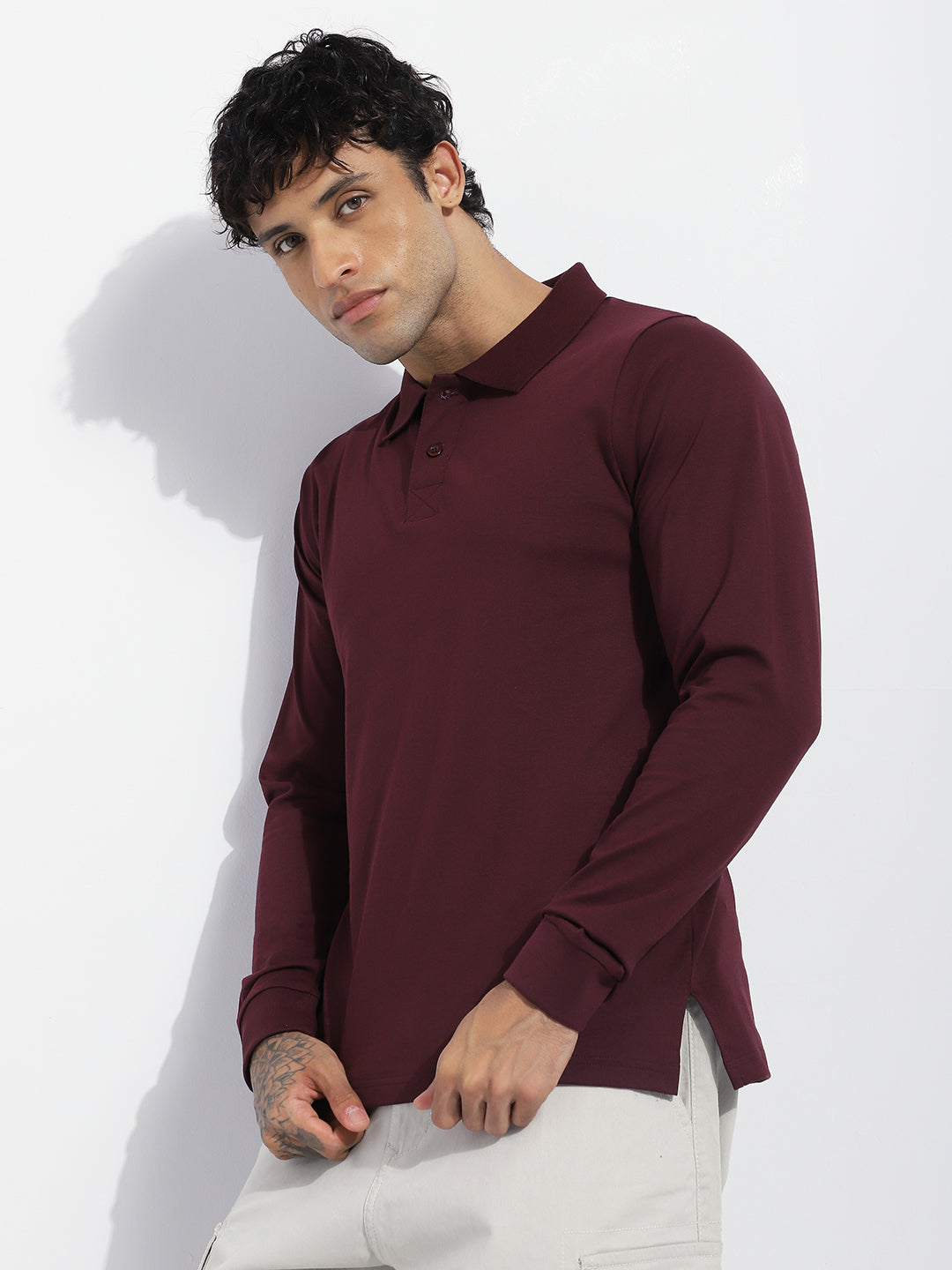 Mens Full Sleeve Polo Neck Solid Regular Fit Tshirts