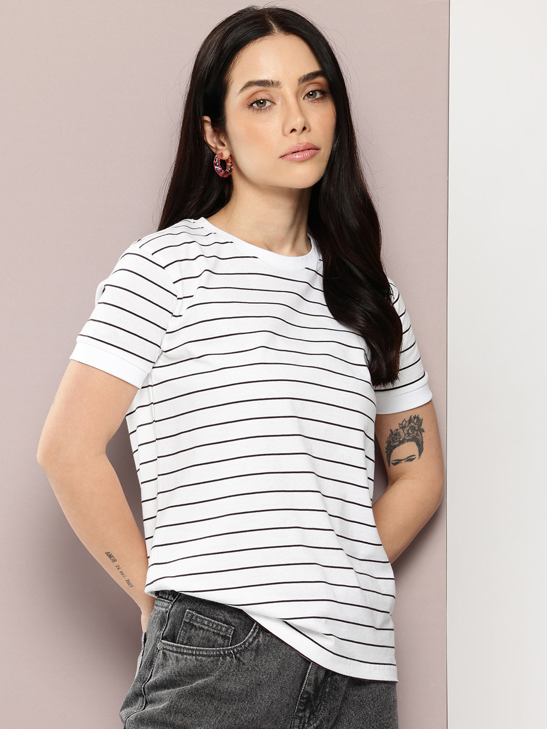Womens Half Sleeve Round Neck All-Over Striped Regular Fit Tshirts