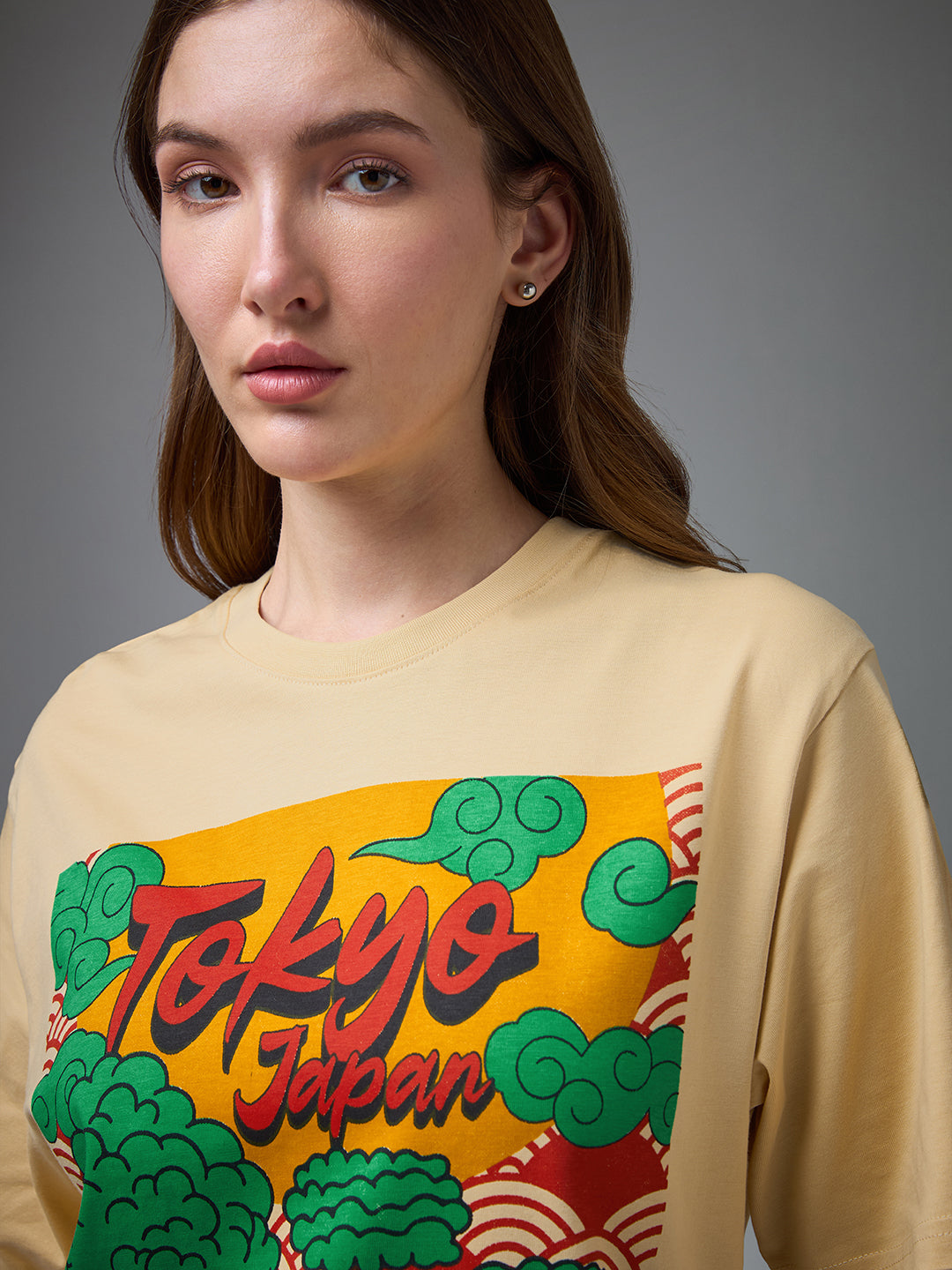 Womens Printed Round Neck Oversized Fit Tshirt