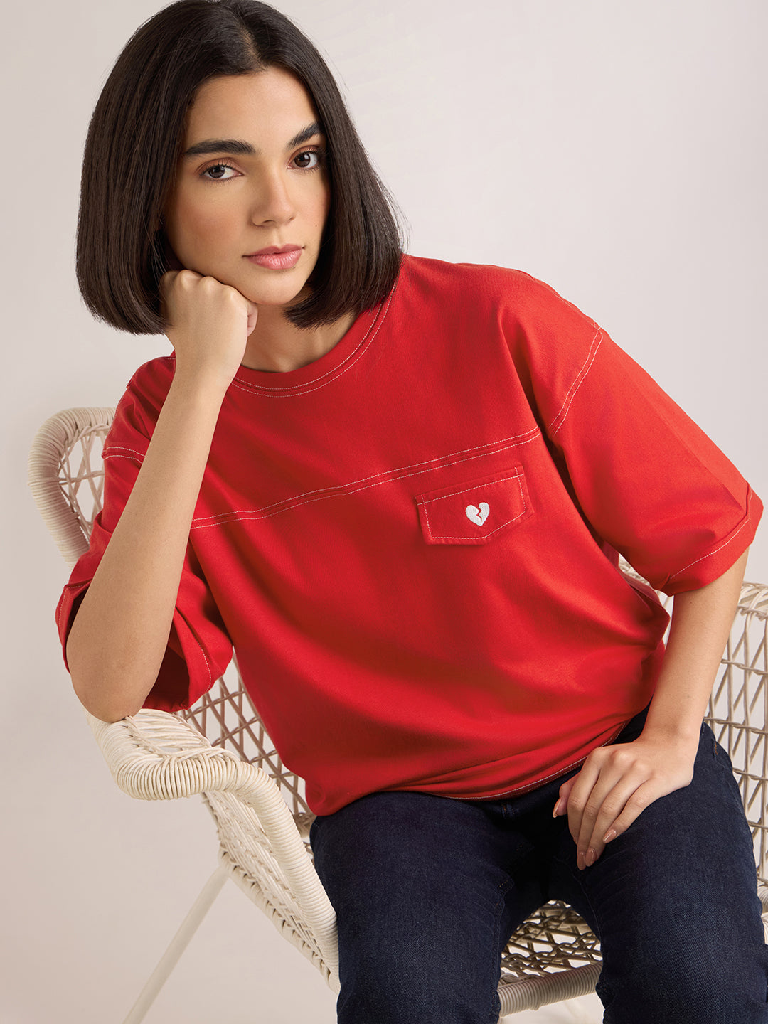 Womens Embroidery Boxy Regular Fit Cut & Sew Cotton Tshirt