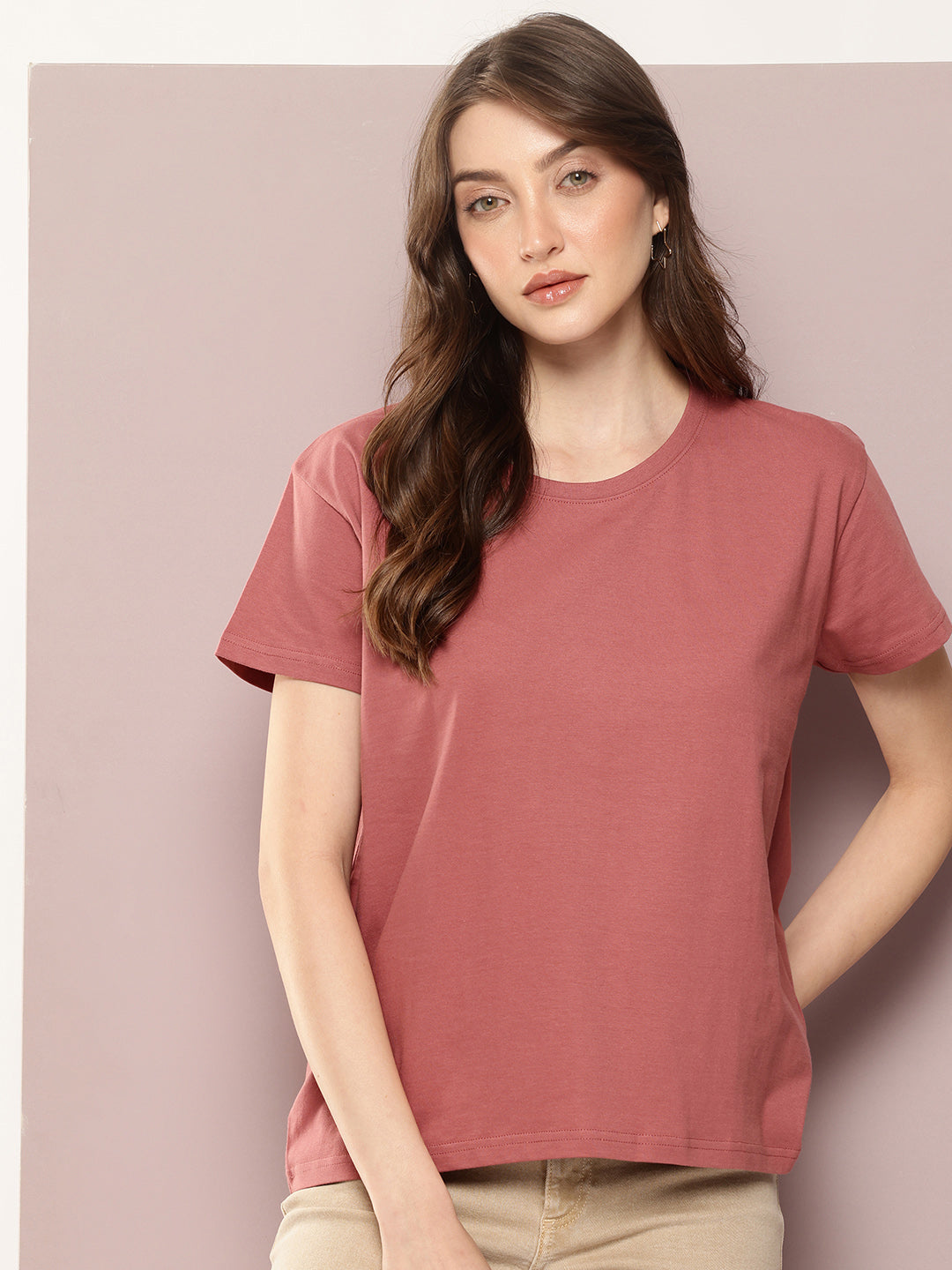 Womens Half Sleeve Round Neck Solid Boxy Fit Tshirts