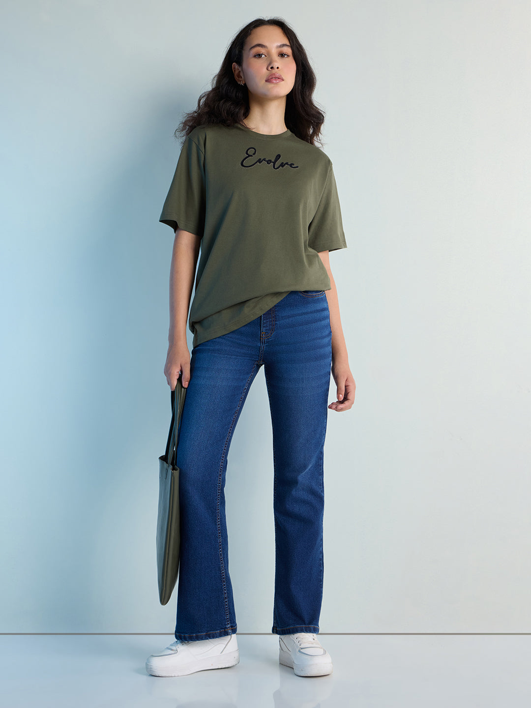Womens Stud Detailed Oversized Round Neck Tshirt 