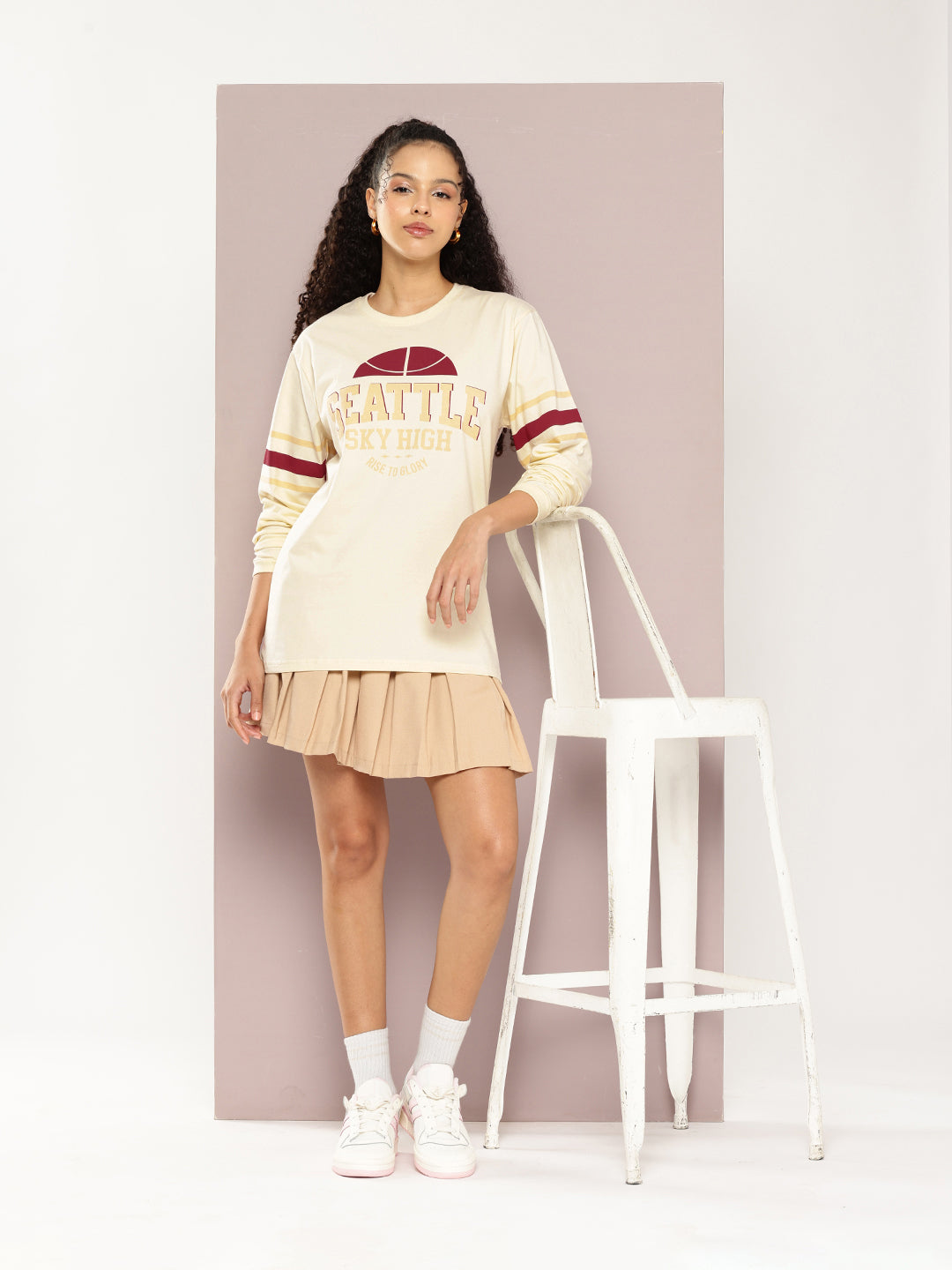 Womens Full Sleeve Round Neck Printed Oversized Fit Tshirts