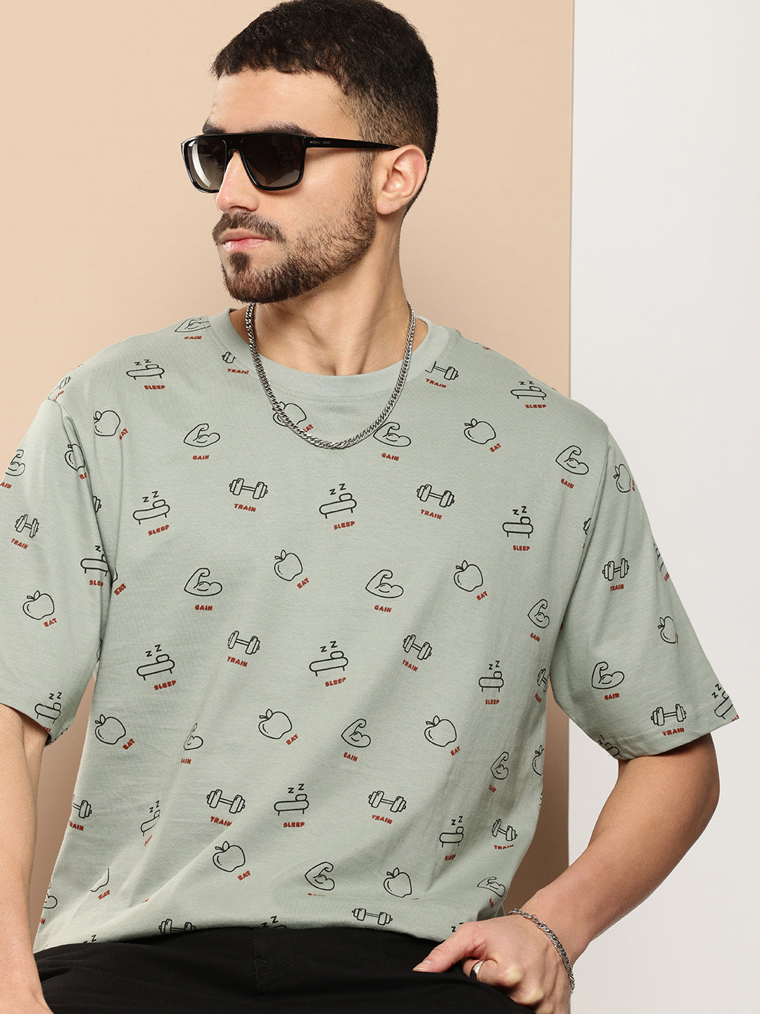 Mens Half Sleeve Round Neck All-Over Printed Oversized Fit Tshirts