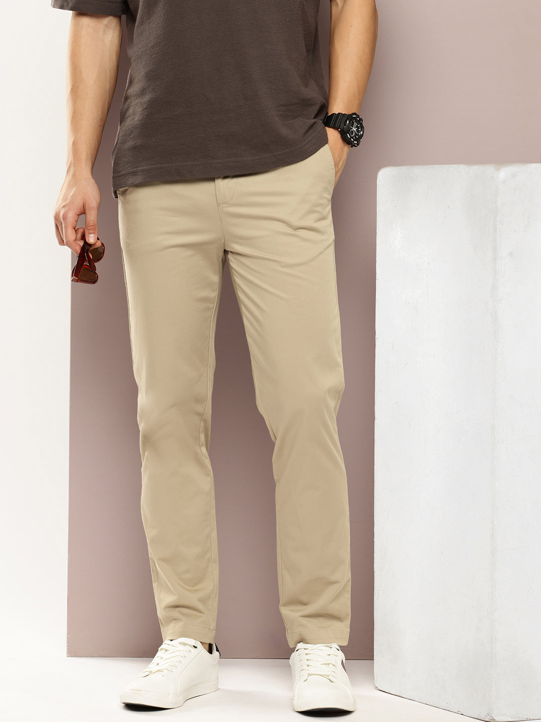 Men Slim Fit Solid Chinos Casual Trousers