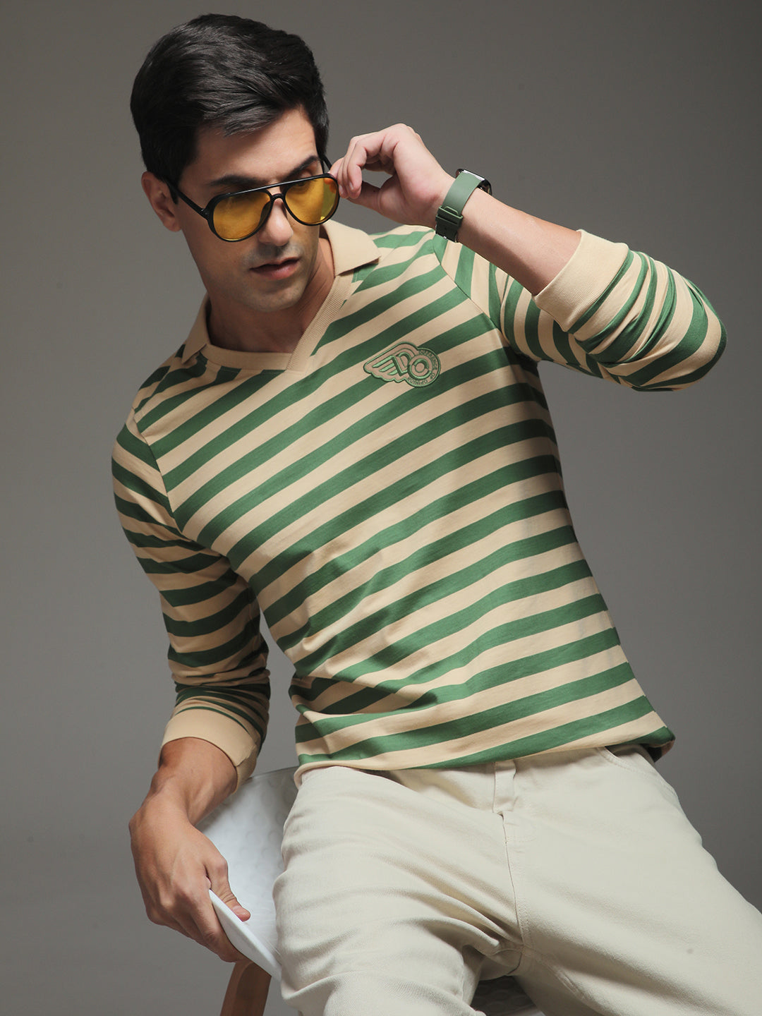 Mens Full Sleeve Polo Neck Striped Regular Fit Tshirts