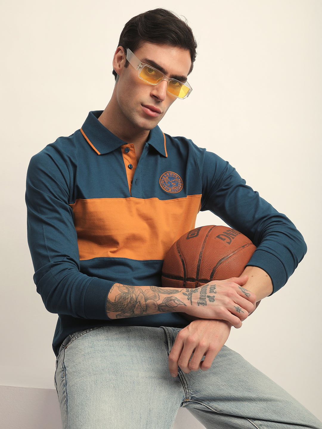 Mens Full Sleeve Polo Neck Self Design Regular Fit Tshirts